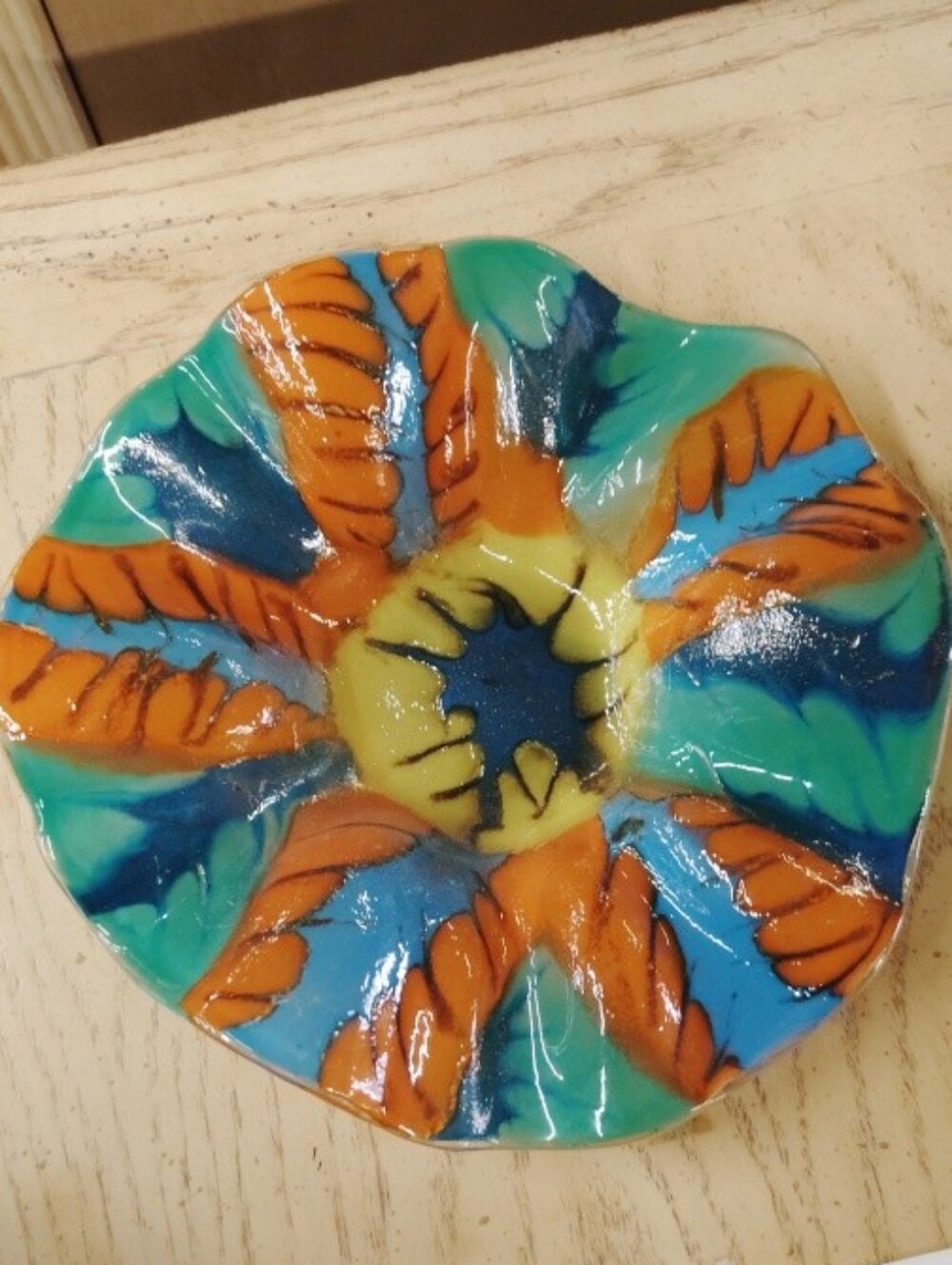 Colorful Art Fused Glass Bowl Ruffled Flower Like